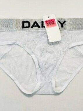DADDY Size XL Sheer Mesh Polyamide Blend Center Seam Brief - White/Silver